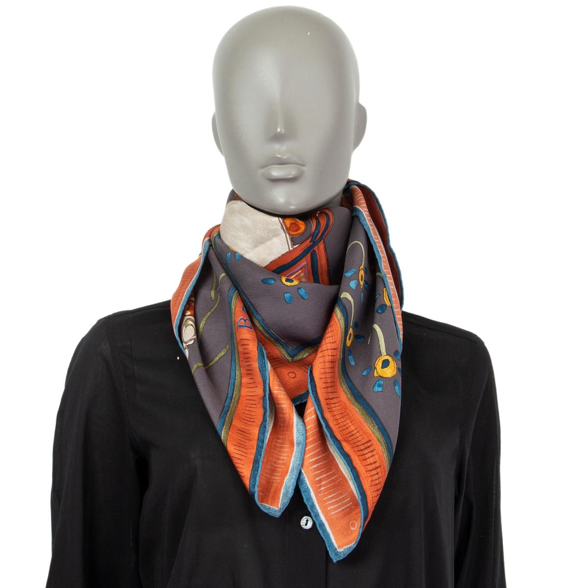 Brown Hermes gray BELOVED INDIA 90 silk twill Scarf