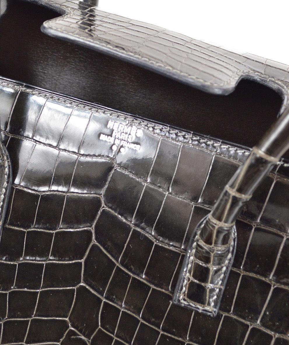 Women's HERMES Gray Black Niloticus Crocodile Exotic Drag 27 Silver Top Handle Tote Bag For Sale
