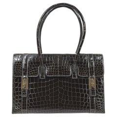 HERMES Gray Black Niloticus Crocodile Exotic Drag 27 Silver Top Handle Tote Bag