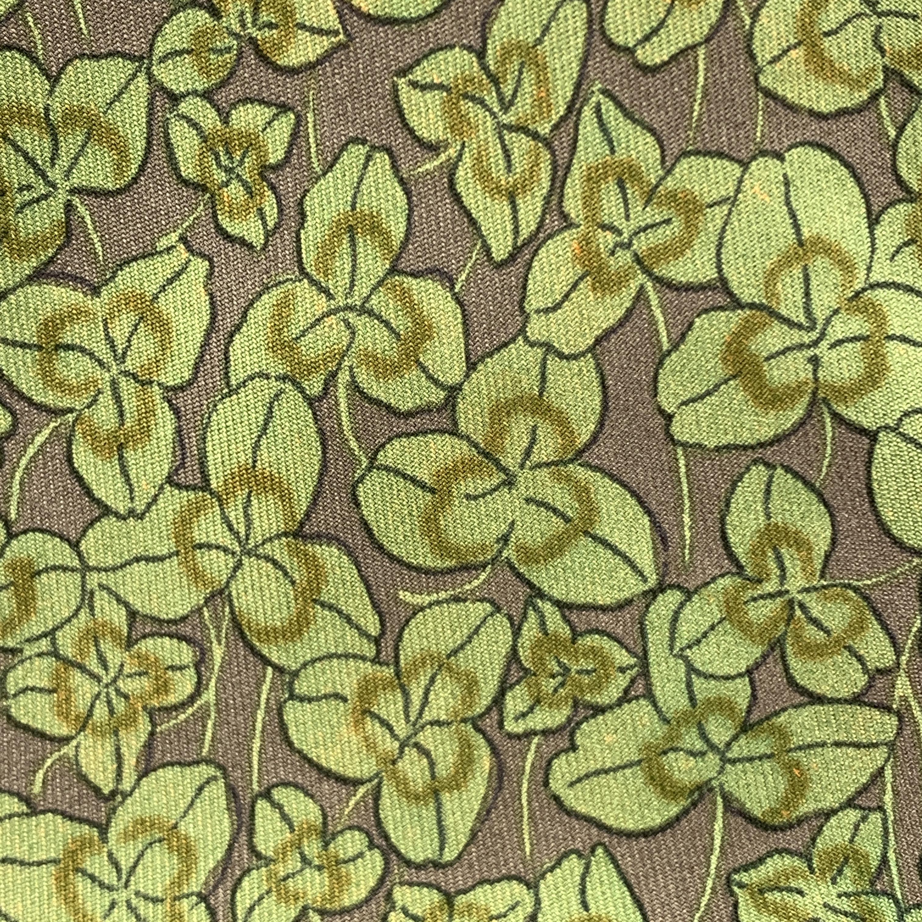 Brown HERMES Gray & Green Leaves Print Silk Tie 7228 UA