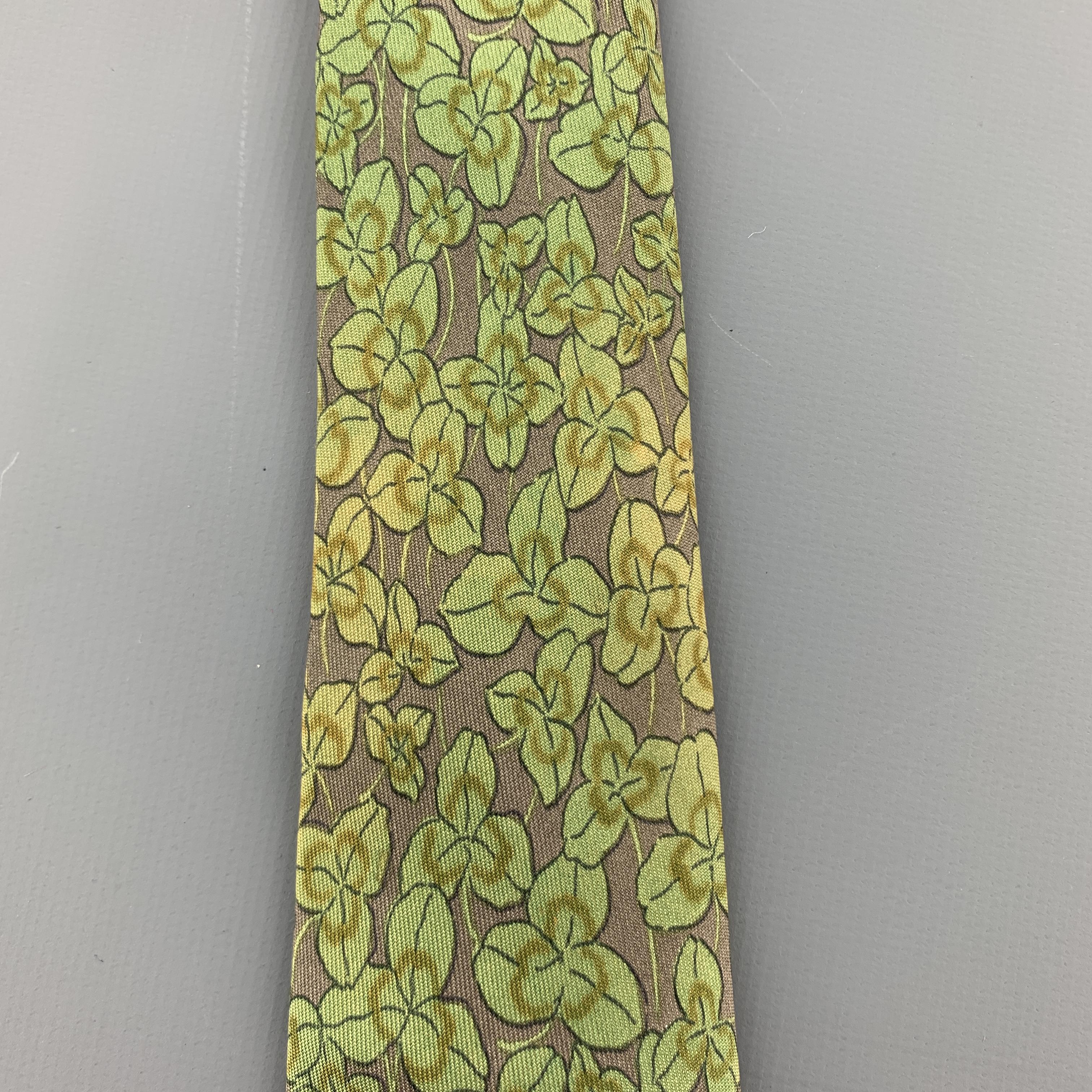 Men's HERMES Gray & Green Leaves Print Silk Tie 7228 UA