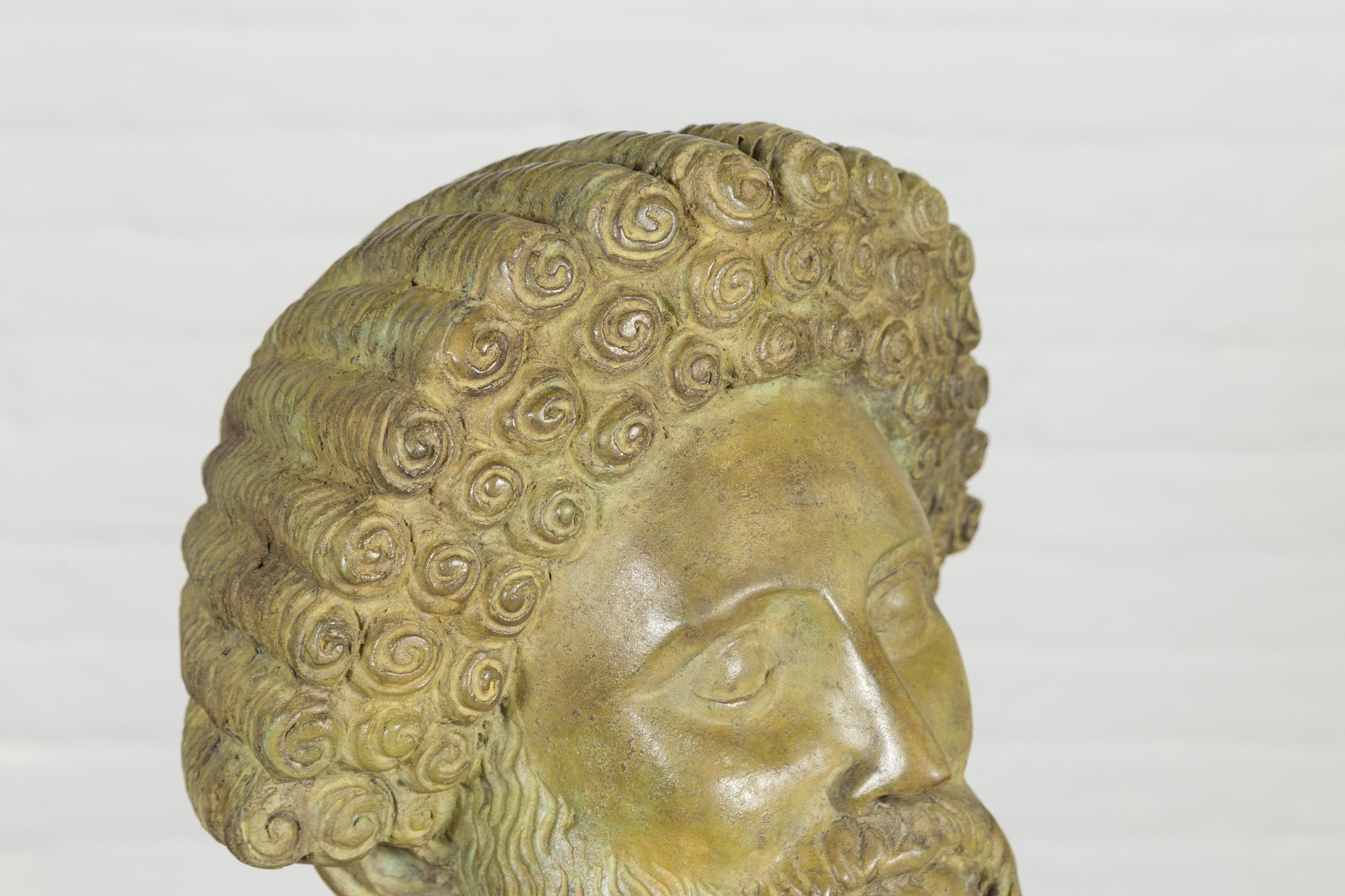 Hermes, Greek God Bronze Sculpture with Verde Patina on Custom Base For Sale 6