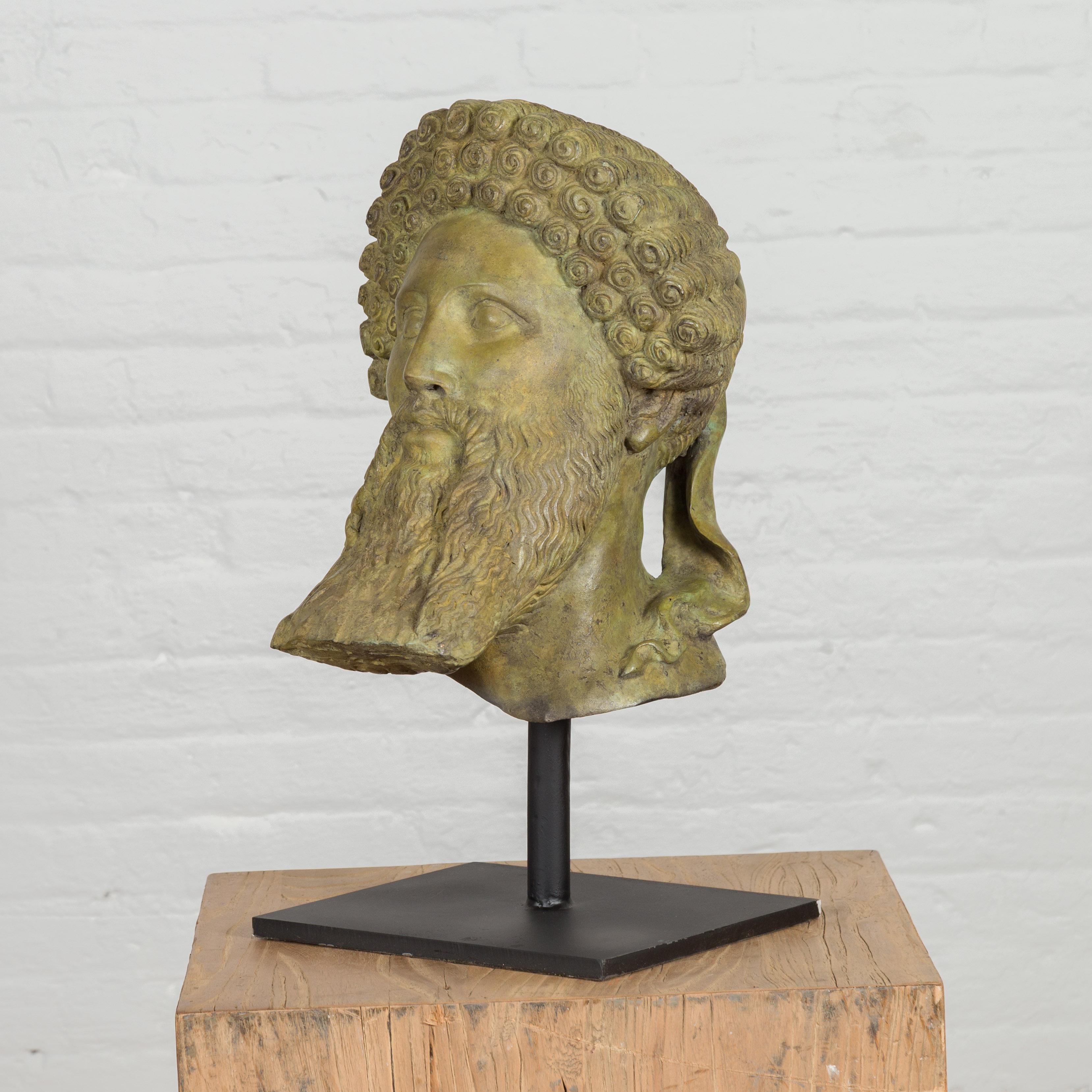 Greco Roman Hermes, Greek God Bronze Sculpture with Verde Patina on Custom Base For Sale