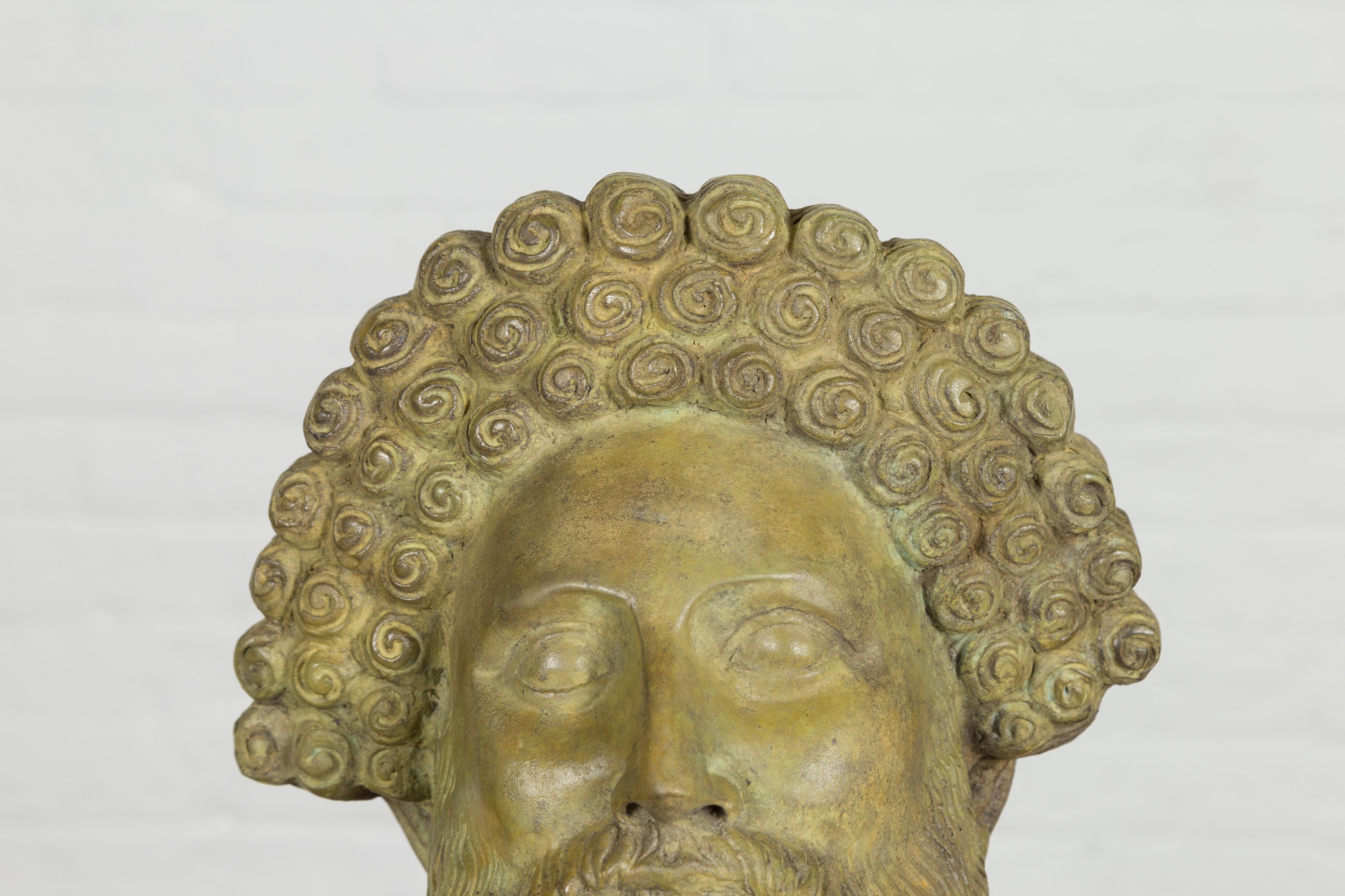 Contemporary Hermes, Greek God Bronze Sculpture with Verde Patina on Custom Base For Sale