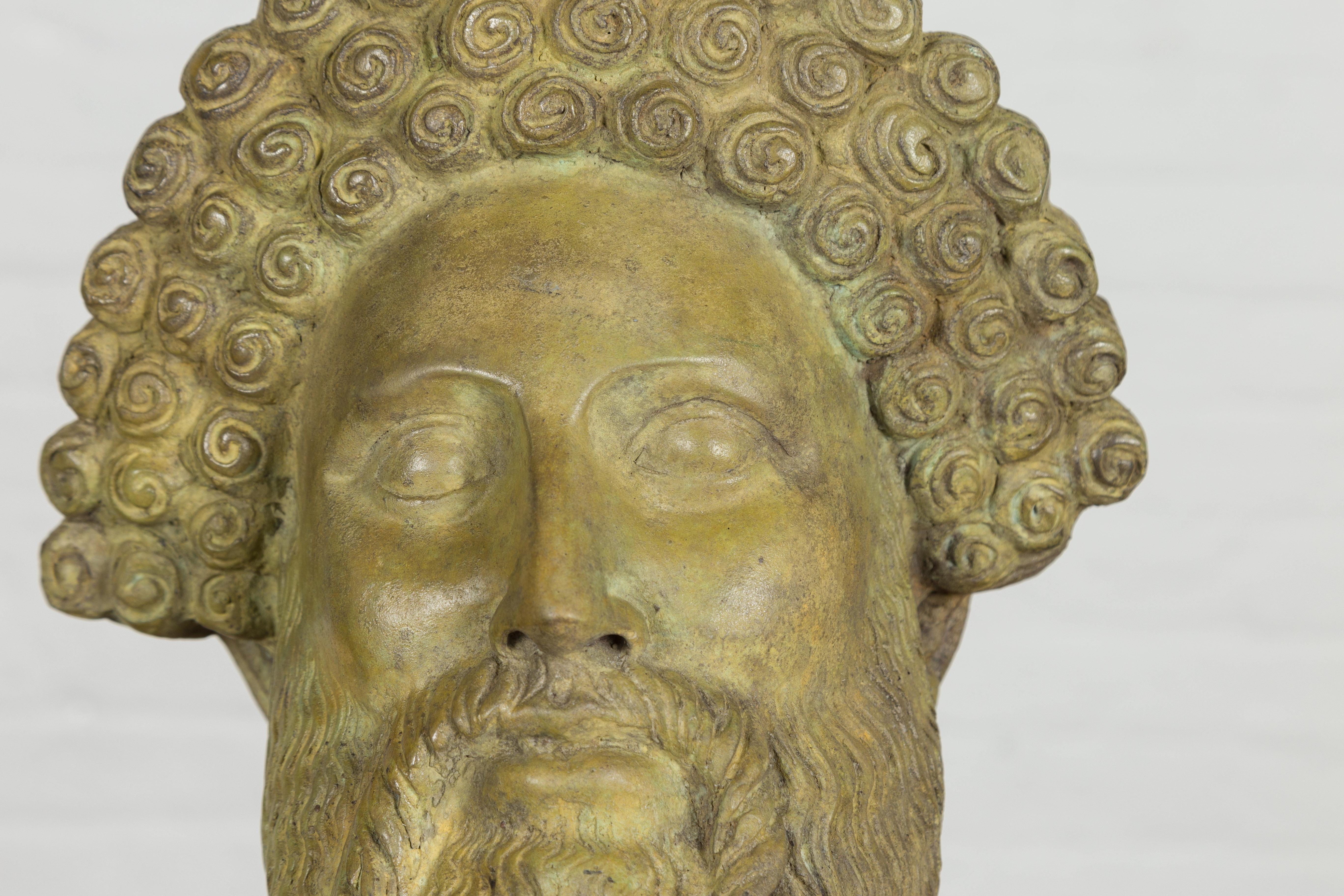 Hermes, Greek God Bronze Sculpture with Verde Patina on Custom Base For Sale 1