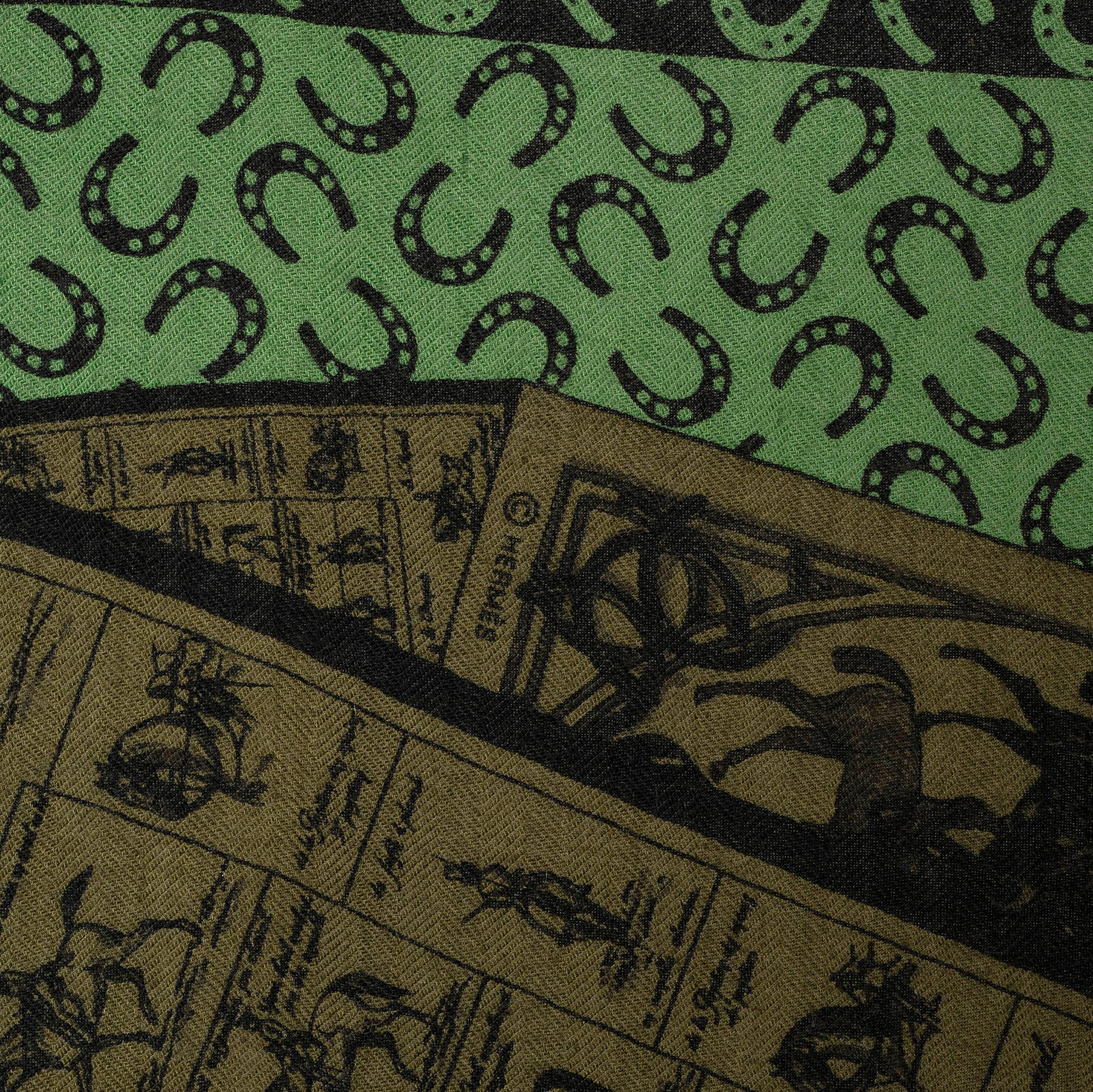 Black HERMES green A CHEVAL SUR MON CARRE 140 Cashmere Shawl Scarf Loden