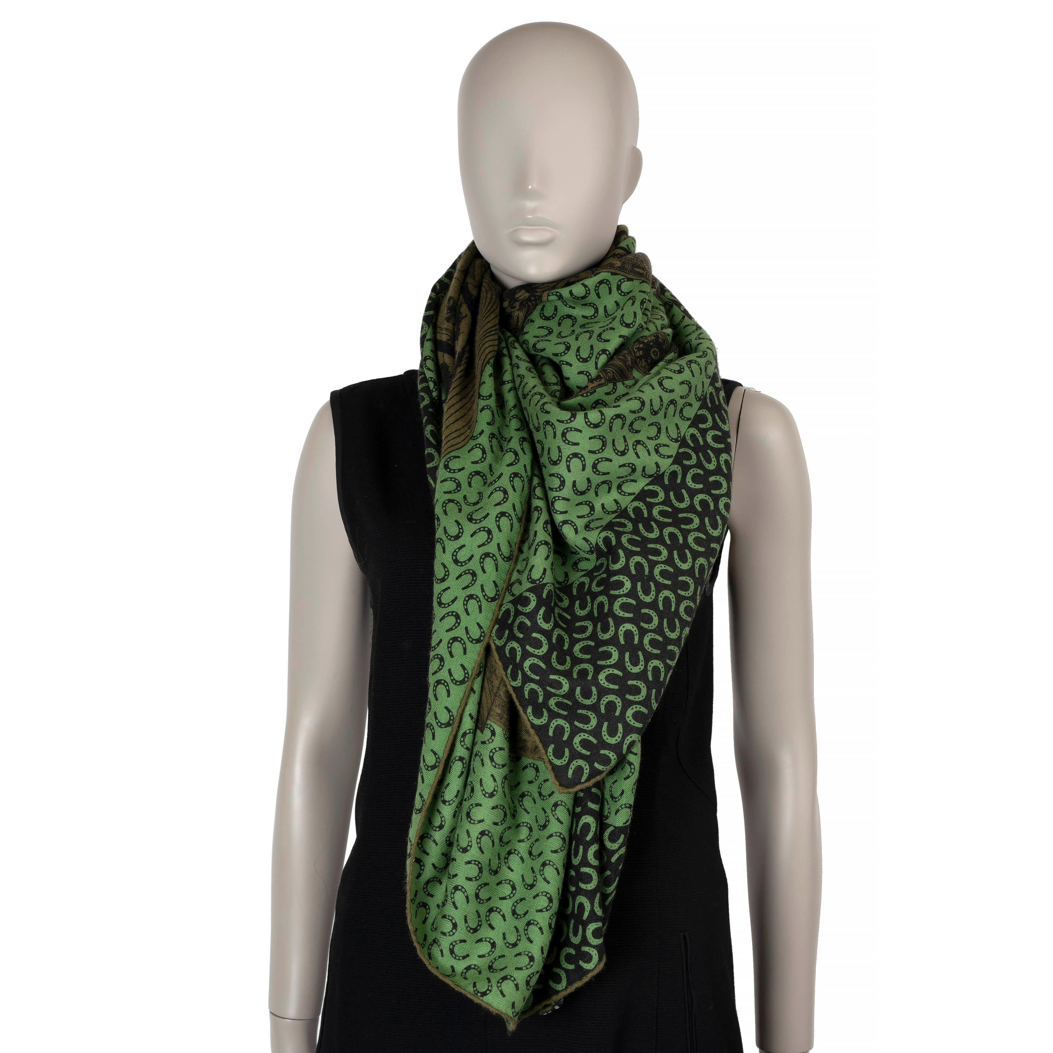 Women's or Men's HERMES green A CHEVAL SUR MON CARRE 140 Cashmere Shawl Scarf Loden