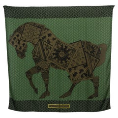 HERMES green A CHEVAL SUR MON CARRE 140 Cashmere Shawl Scarf Loden