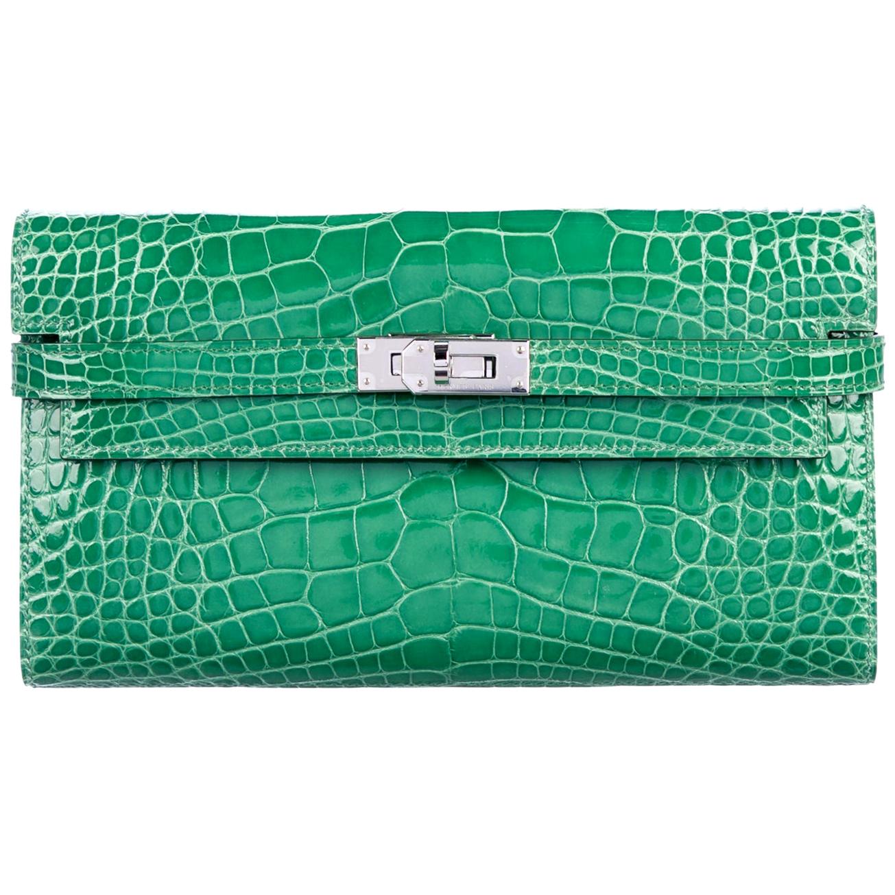 Hermes Green Alligator Palladium Evening Kelly Clutch Wallet Bag