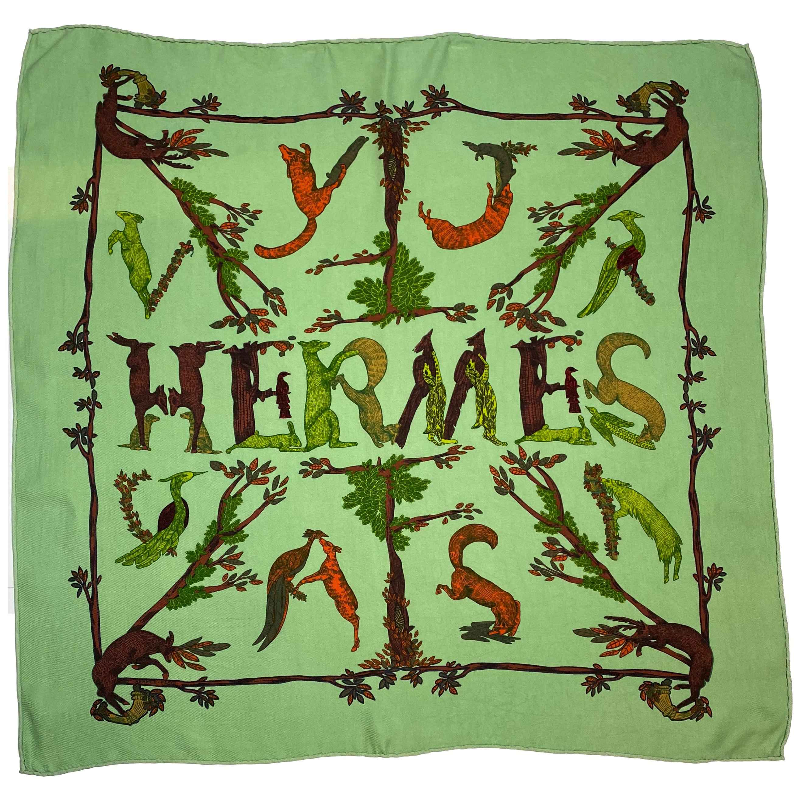 Hermes Green Alphabet III Silk 26" Square Scarf