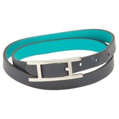 Hermes Green and Black Leather Behapi Reversible Double Tour Bracelet S