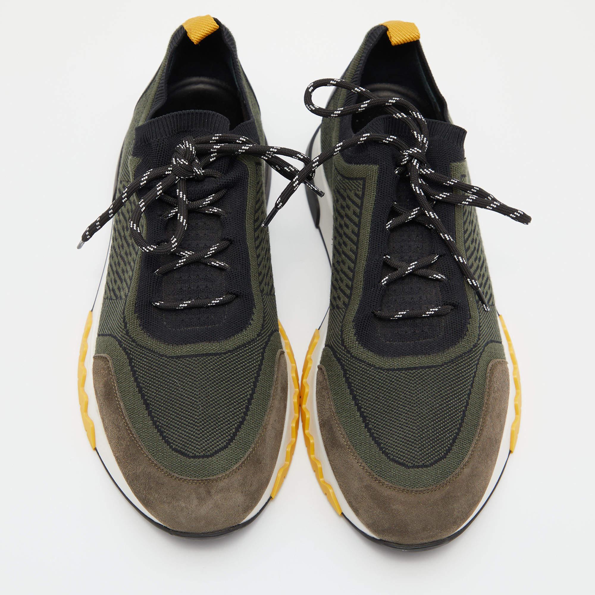Hermes Green/Black Knit Fabric and Suede C-Addict Sneakers Size 42 2