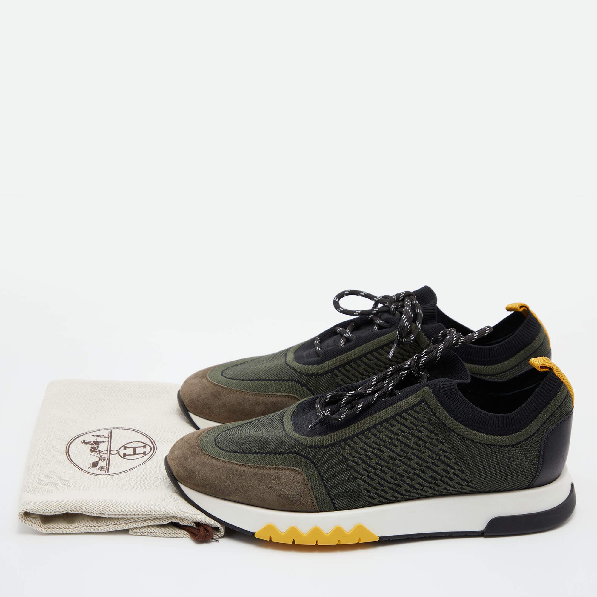 Hermes Green/Black Knit Fabric and Suede C-Addict Sneakers Size 42 5