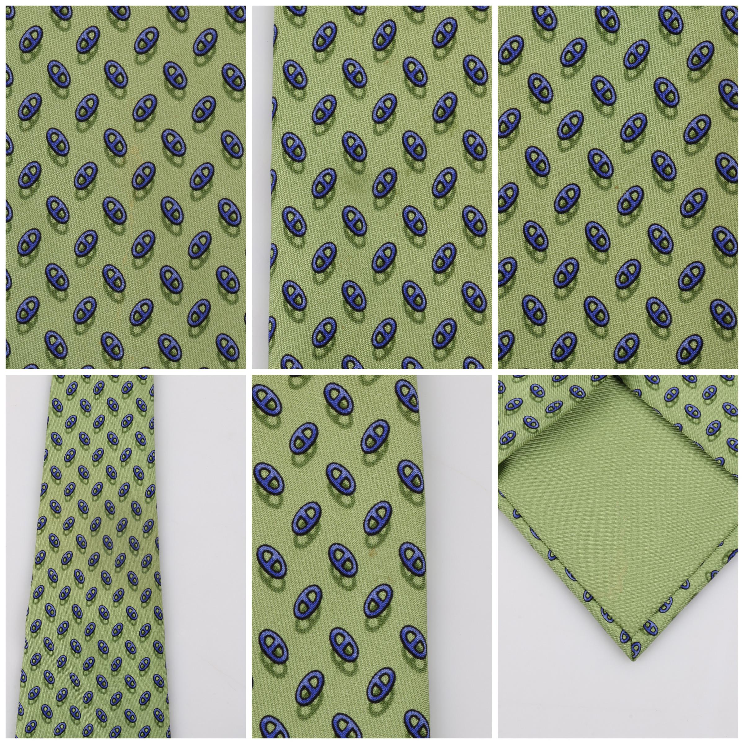 HERMES Green Blue Chaine D'ancre Pattern 5 Fold Silk Necktie Tie 7957 EA In Good Condition In Thiensville, WI