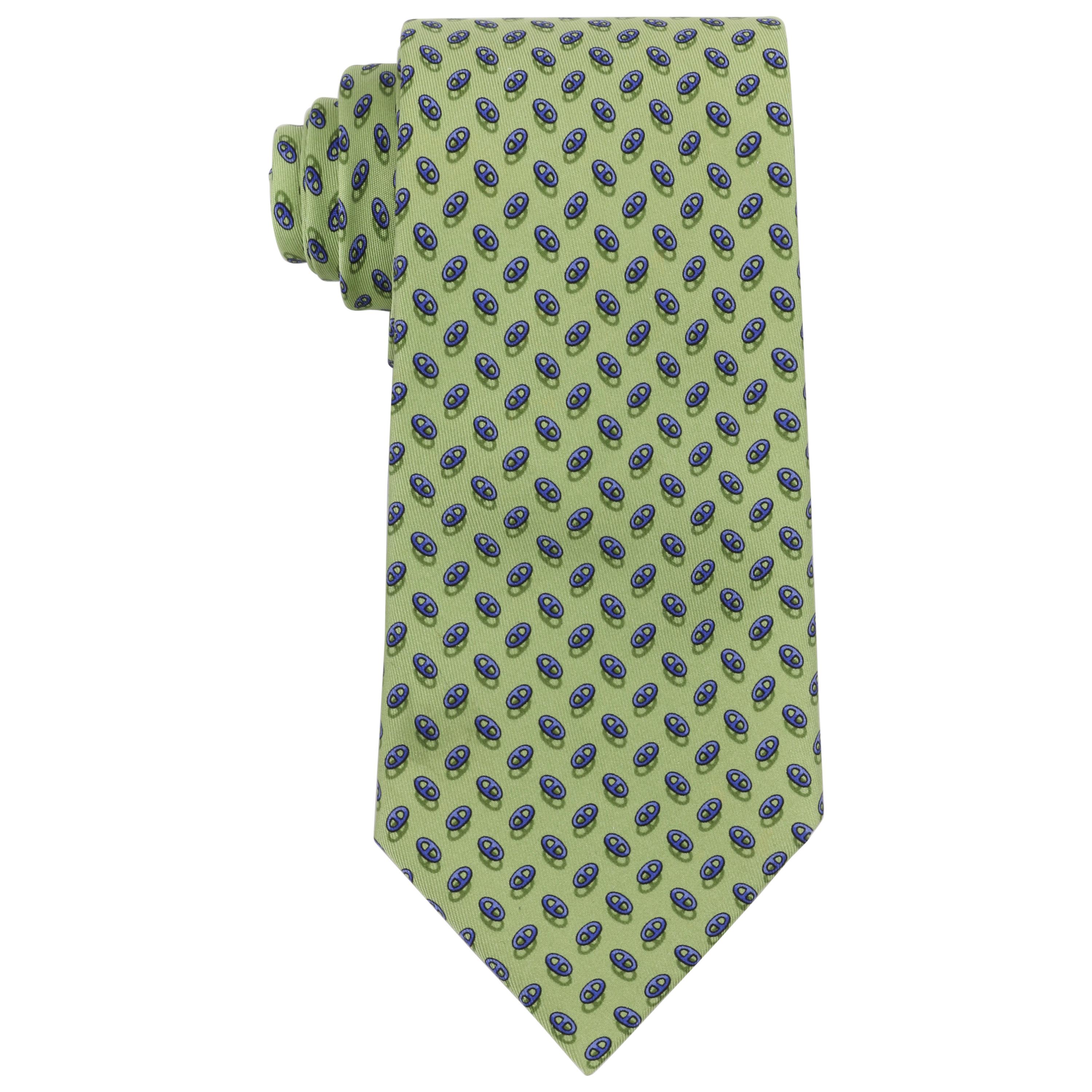 HERMES Green Blue Chaine D'ancre Pattern 5 Fold Silk Necktie Tie 7957 EA