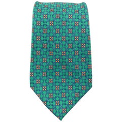 Vintage HERMES Green Blue & Orange Silk Interlock Print Tie 7181 UA