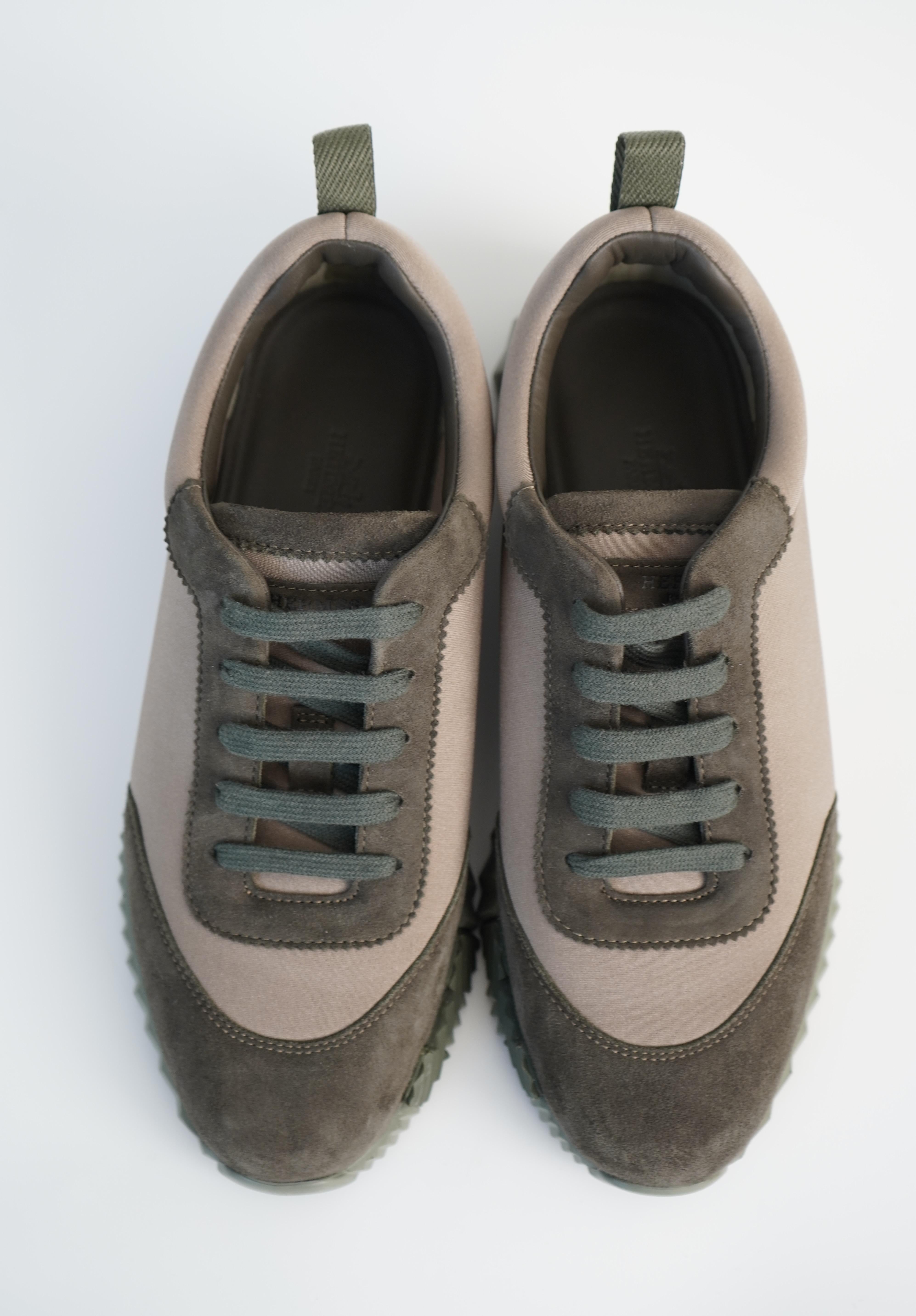 Hermes Green Bouncing Low-top Sneakers. Technical jersey and suede goatskin. Light sole with contrasting design for a versatile and modern look. 
Made in Italy. 
Sole Height: 1.6” 
Rubber sole