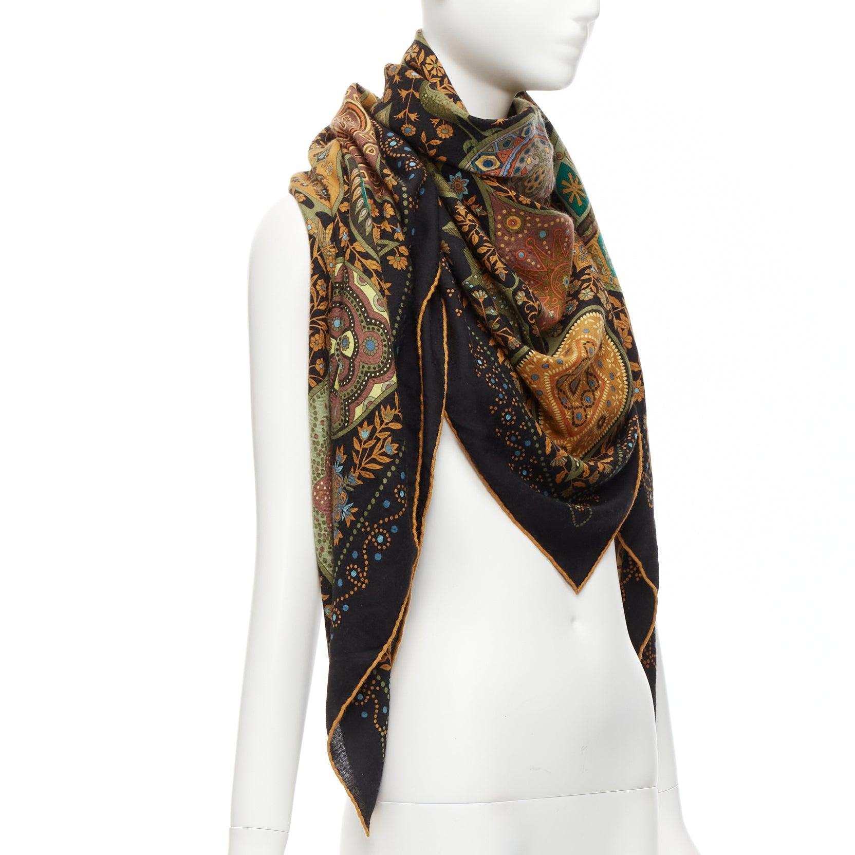 HERMES green brown cashmere silk ethnic garden floral print 135cm square scarf In Excellent Condition In Hong Kong, NT