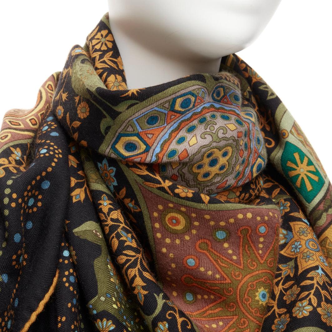 HERMES green brown cashmere silk ethnic garden floral print 135cm square scarf 3