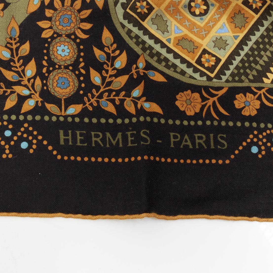 HERMES green brown cashmere silk ethnic garden floral print 135cm square scarf 5