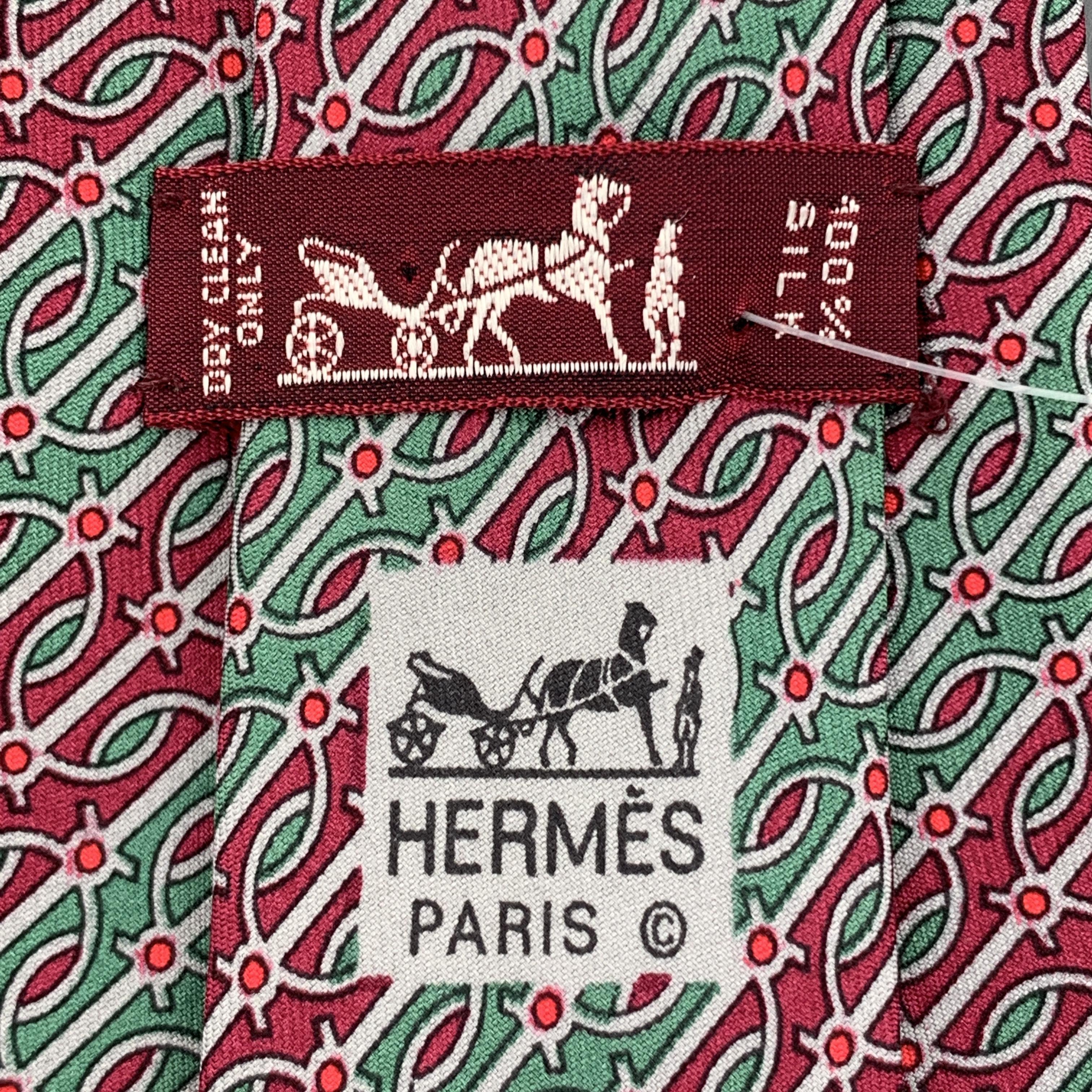 Brown HERMES Green & Burgundy Gray Striped Pattern Silk Tie 974 SA
