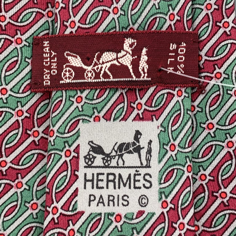 HERMES Green and Burgundy Gray Striped Pattern Silk Tie 974 SA at 1stDibs