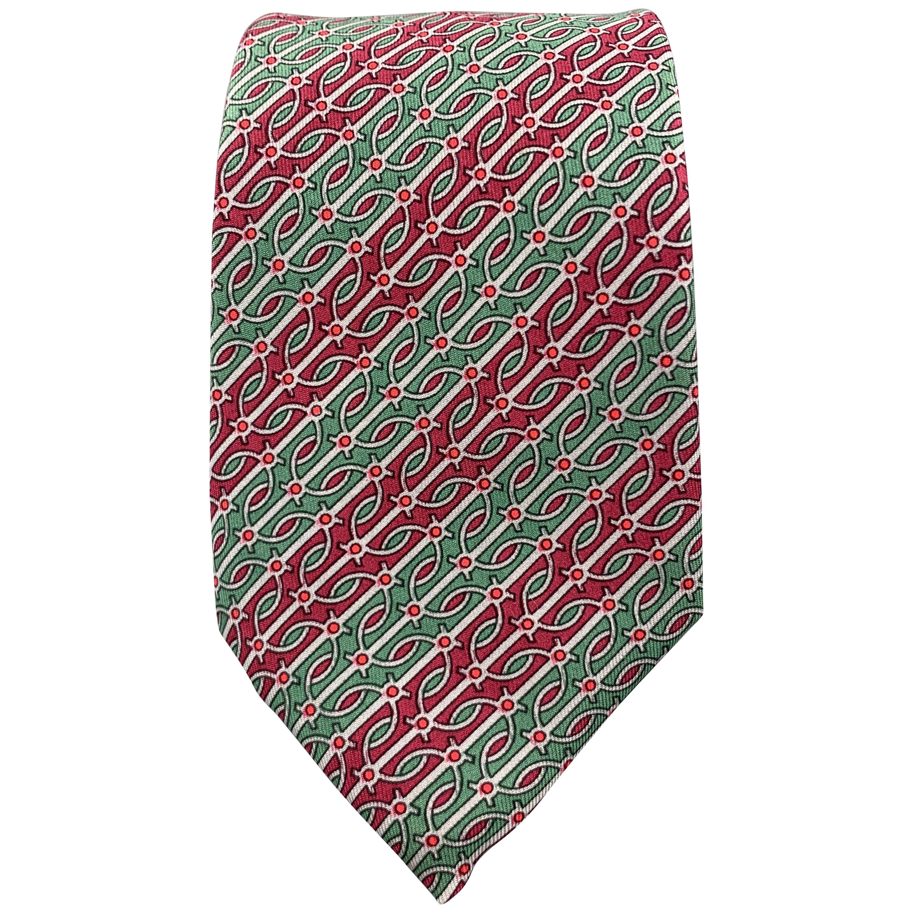 HERMES Green & Burgundy Gray Striped Pattern Silk Tie 974 SA