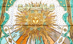 Hermes Green "Carpe Diem" Sun Motif Silk Print Scarf circa 1990s