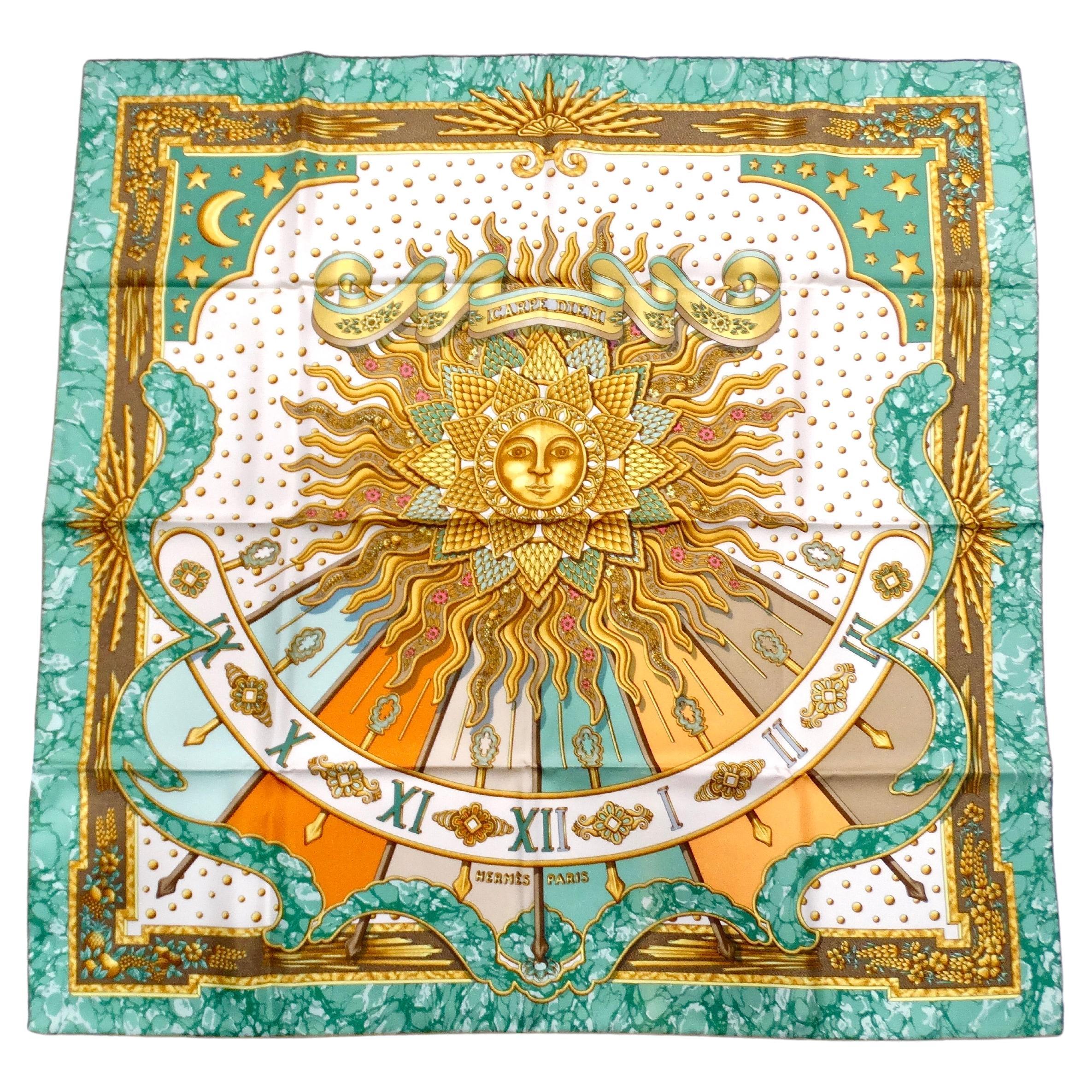Hermes Green "Carpe Diem" Sun Motif Silk Print Scarf circa 1990s For Sale