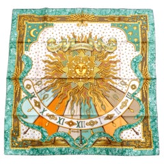 Hermes Green "Carpe Diem" Sun Motif Silk Print Scarf circa 1990s