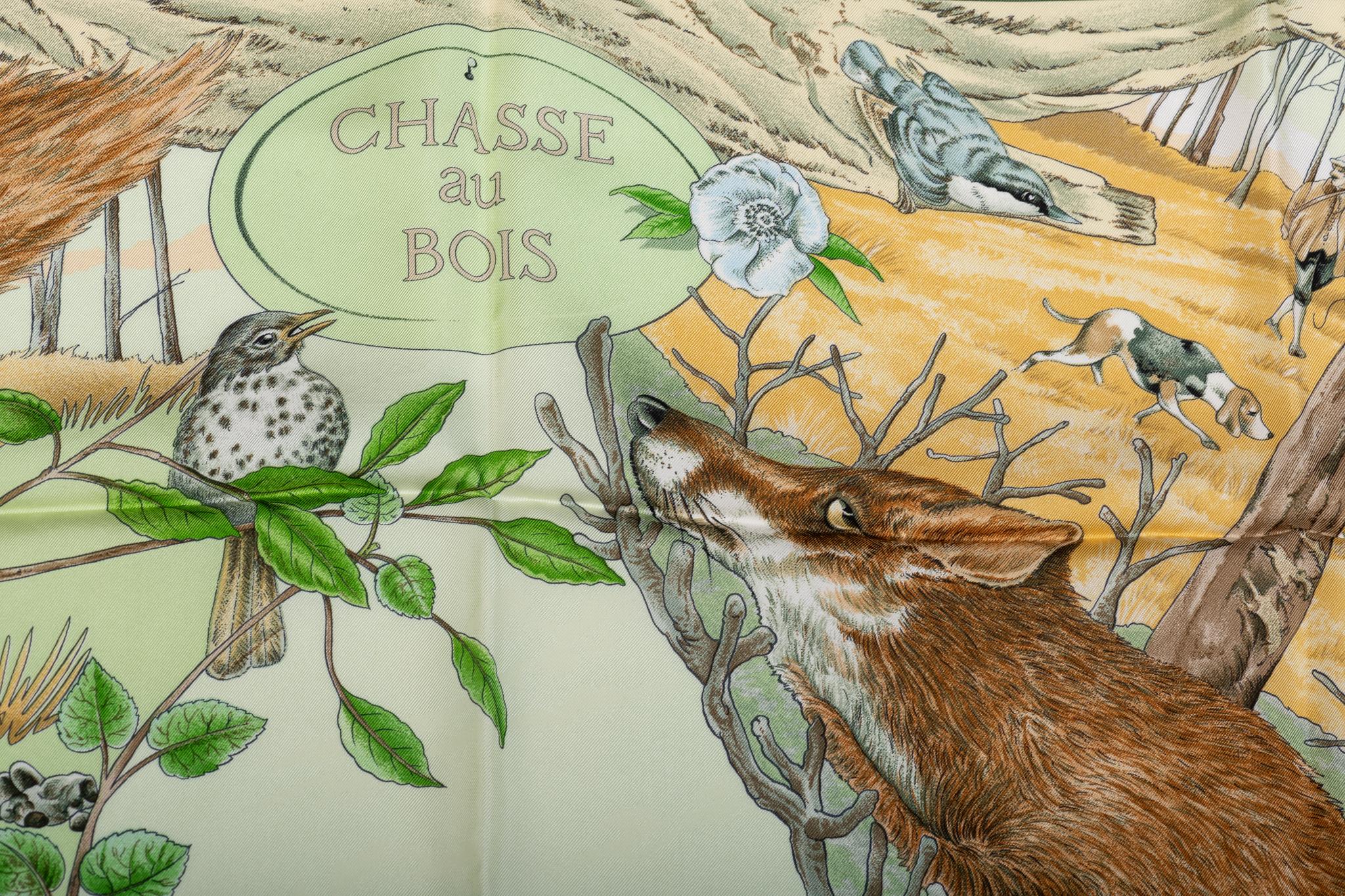 Brown Hermes Green Chasse Au Bois Silk Scarf