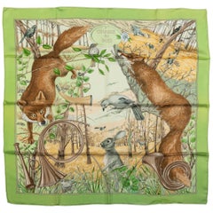 Hermes Green Chasse Au Bois Silk Scarf