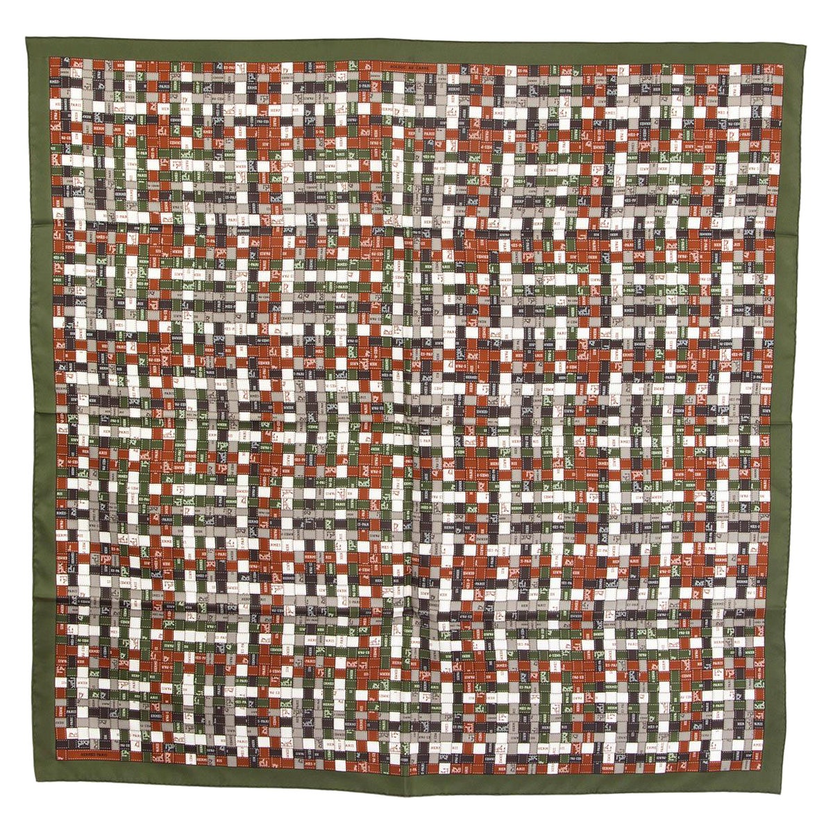 HERMES green & cognac silk BOLDUC AU CARRE 90 Twill Scarf