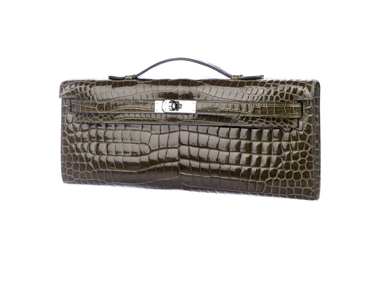 Black Hermes Green Crocodile Exotic Leather Kelly Evening Top Handle Clutch Bag in Box