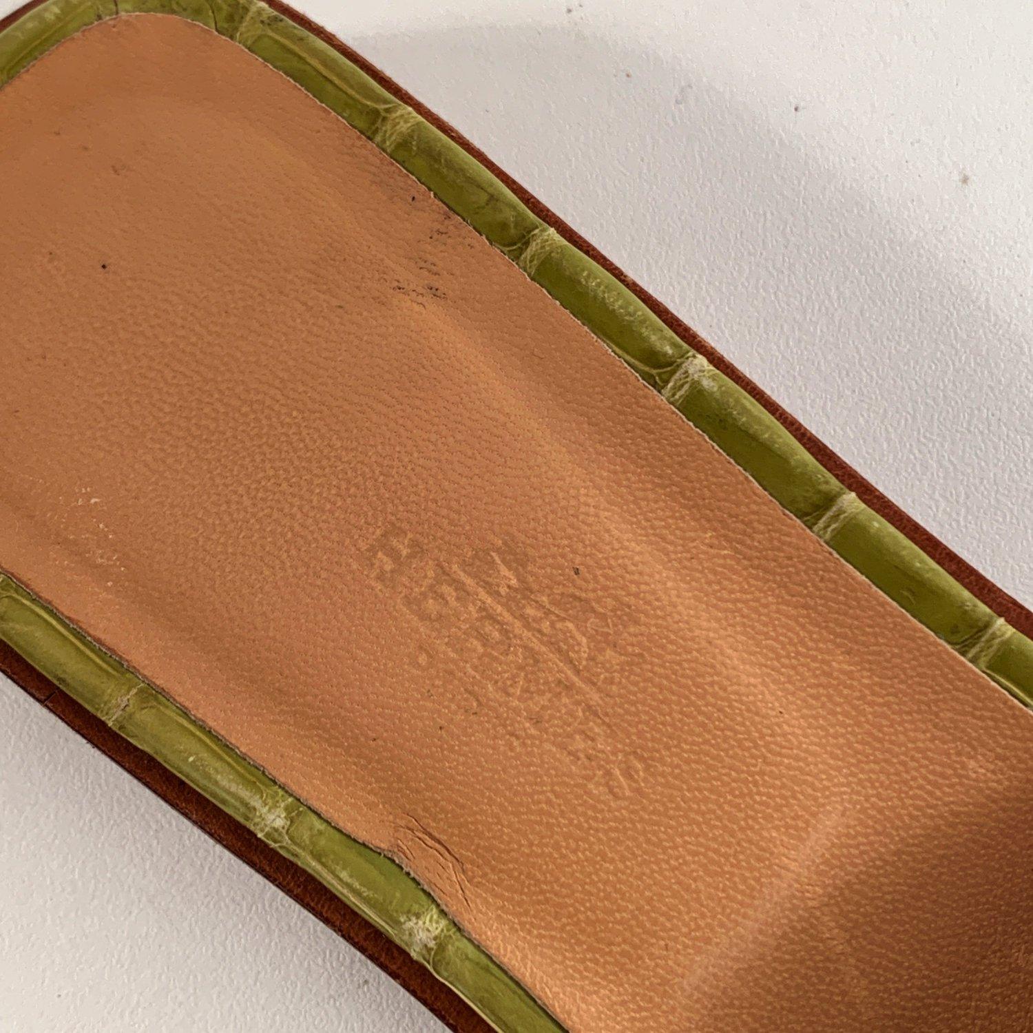 Brown Hermes Green Leather Oran Flat Slide Sandals Slip On Shoes Size 36