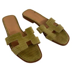 Hermes Green Leather Oran Flat Slide Sandals Slip On Shoes Size 36