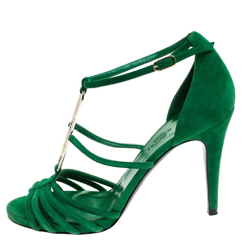 Women's Hermes Green Crystal Embellished Suede T Strap Open Toe Sandals Size 38.5