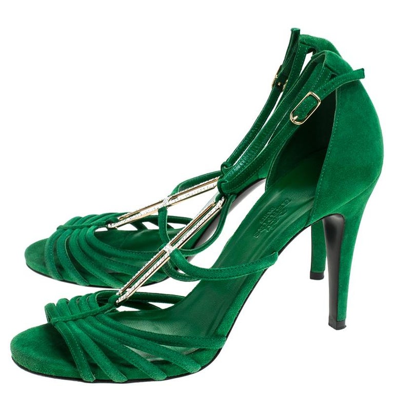 Hermes Green Crystal Embellished Suede T Strap Open Toe Sandals Size 38