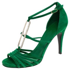 Hermes Green Crystal Embellished Suede T Strap Open Toe Sandals Size 38.5