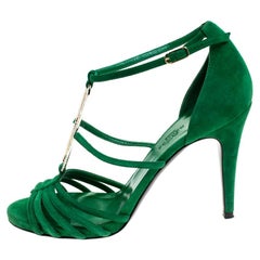 Hermes Green Crystal Embellished Suede T Strap Open Toe Sandals Size 38.5