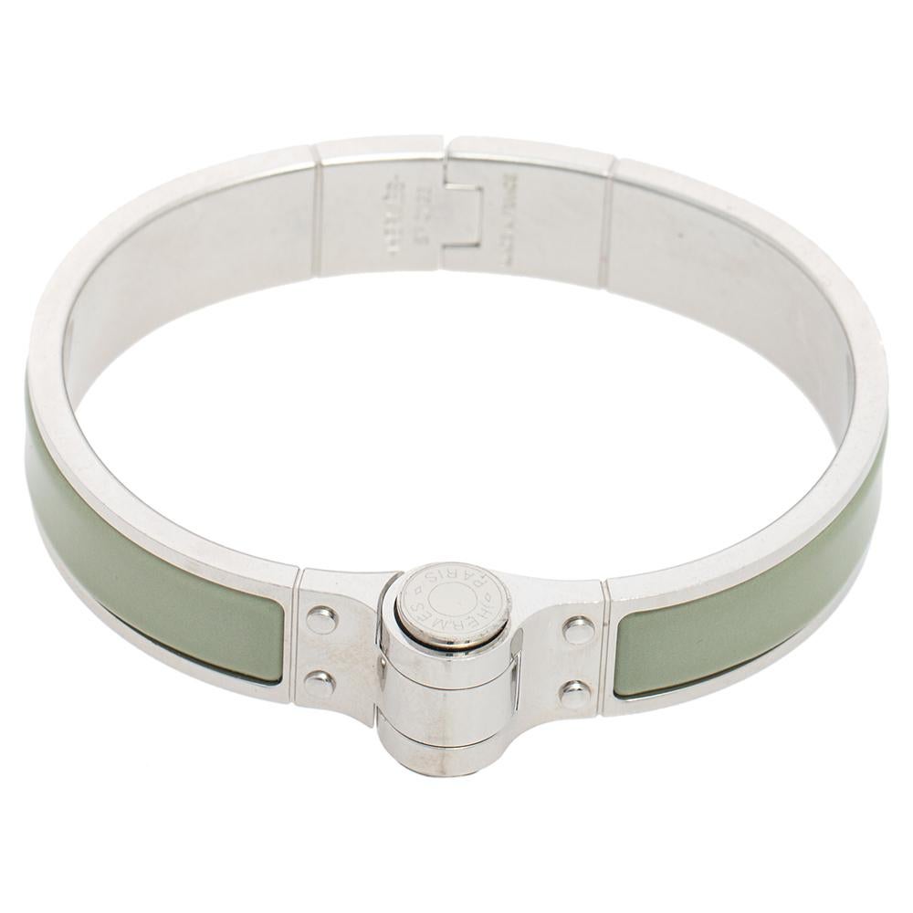 Contemporary Hermes Green Enamel Palladium Plated Charniere Uni narrow Hinged Bracelet