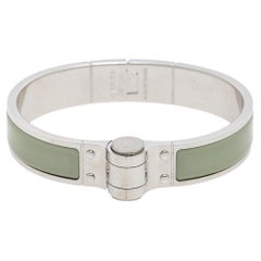 Hermes Green Enamel Palladium Plated Charniere Uni narrow Hinged Bracelet