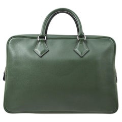 HERMES Green Evergrain Leather Plume Silver Men's Carryall Tote Travel Bag