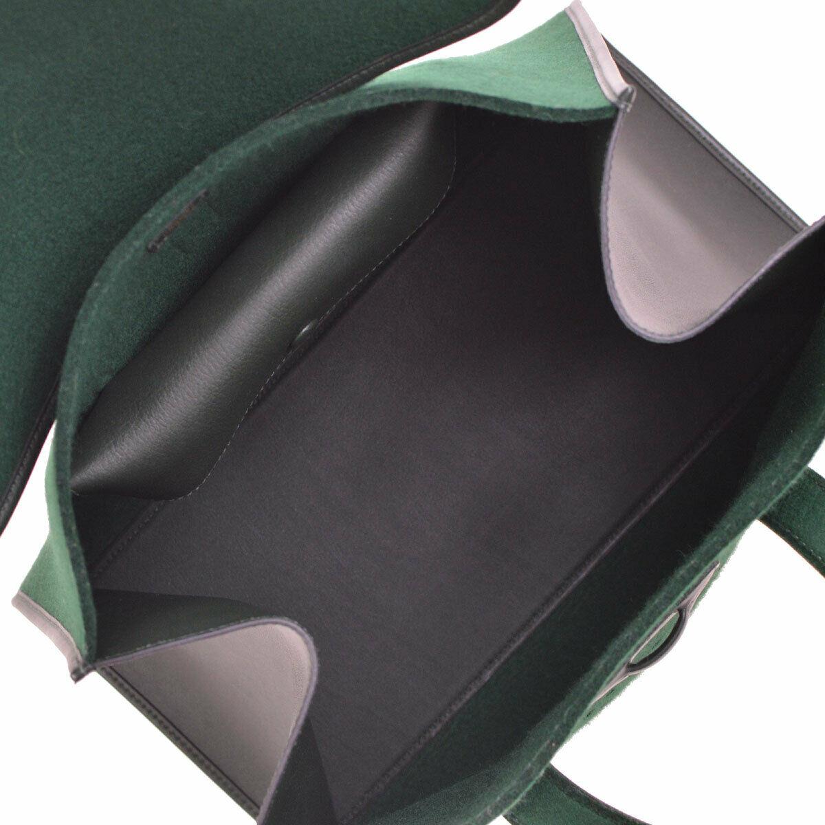 Black Hermes Green Felt Brown Leather Carryall Top Handle Satchel Travel Tote Bag