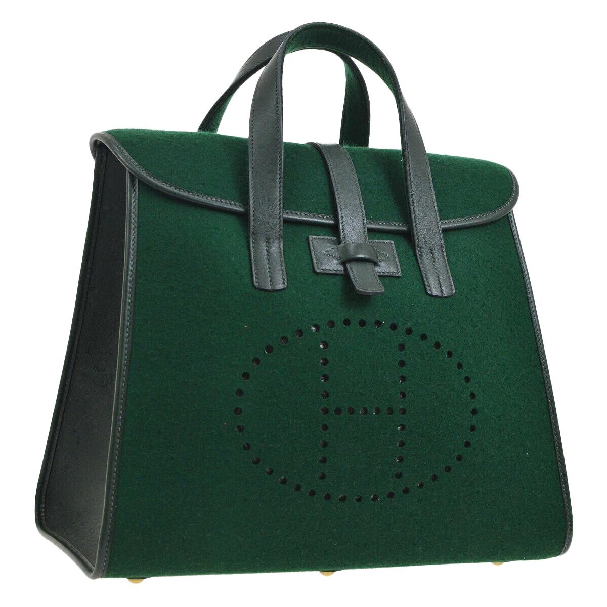 Hermes Green Felt Brown Leather Carryall Top Handle Satchel Travel Tote Bag