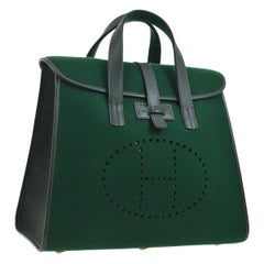 Hermes grüner Filz brauner Ledertragetasche mit oberem Griff Satchel Travel Tote Bag