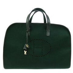 Hermes Green Felt Brown Leather Carryall Top Handle Satchel Travel Tote Bag II