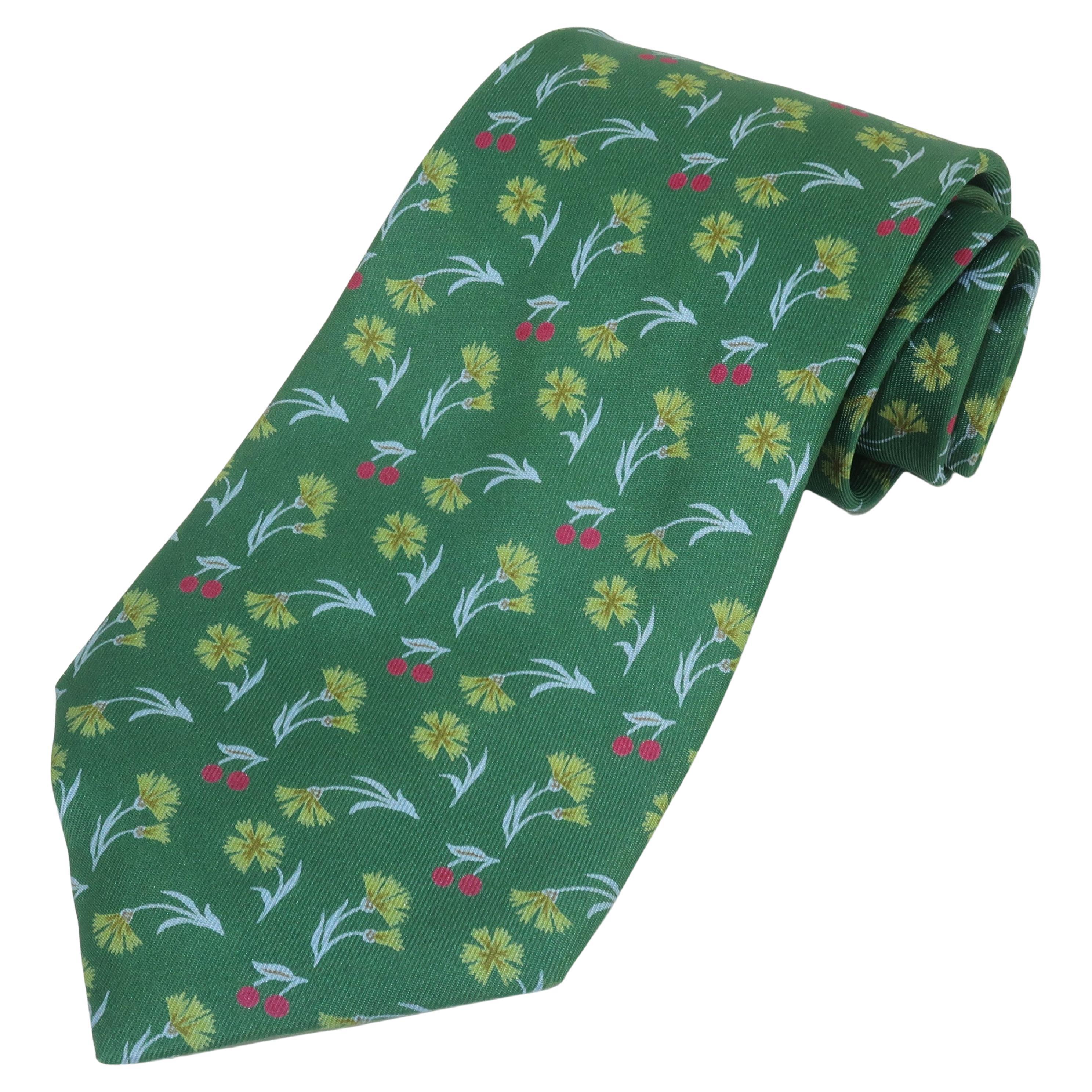 HERMES Green Floral Silk Men's Necktie Tie
