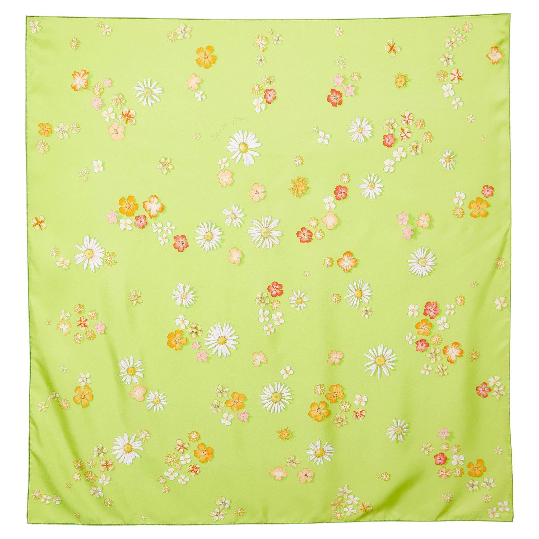 Hermès Green Flower Power Printed Silk Square Scarf For Sale