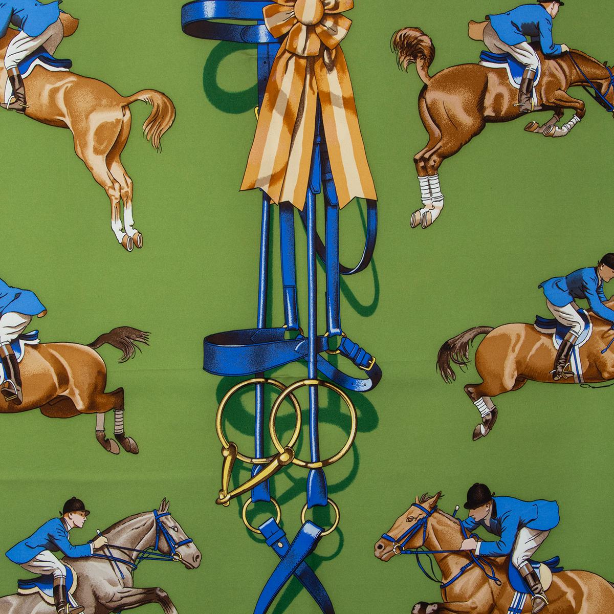 Hermès 'Jumping 90' scarf by Philippe Ledoux in apple green silk with details in chartreuse, light beige, paprika, beige, brown, taupe, blue and yellow. Has been worn and is in excellent condition.

Width 90cm (35.1in)
Height 90cm (35.1in)